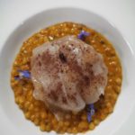 Fregula con chorizo, gamberi e rana pescatrice